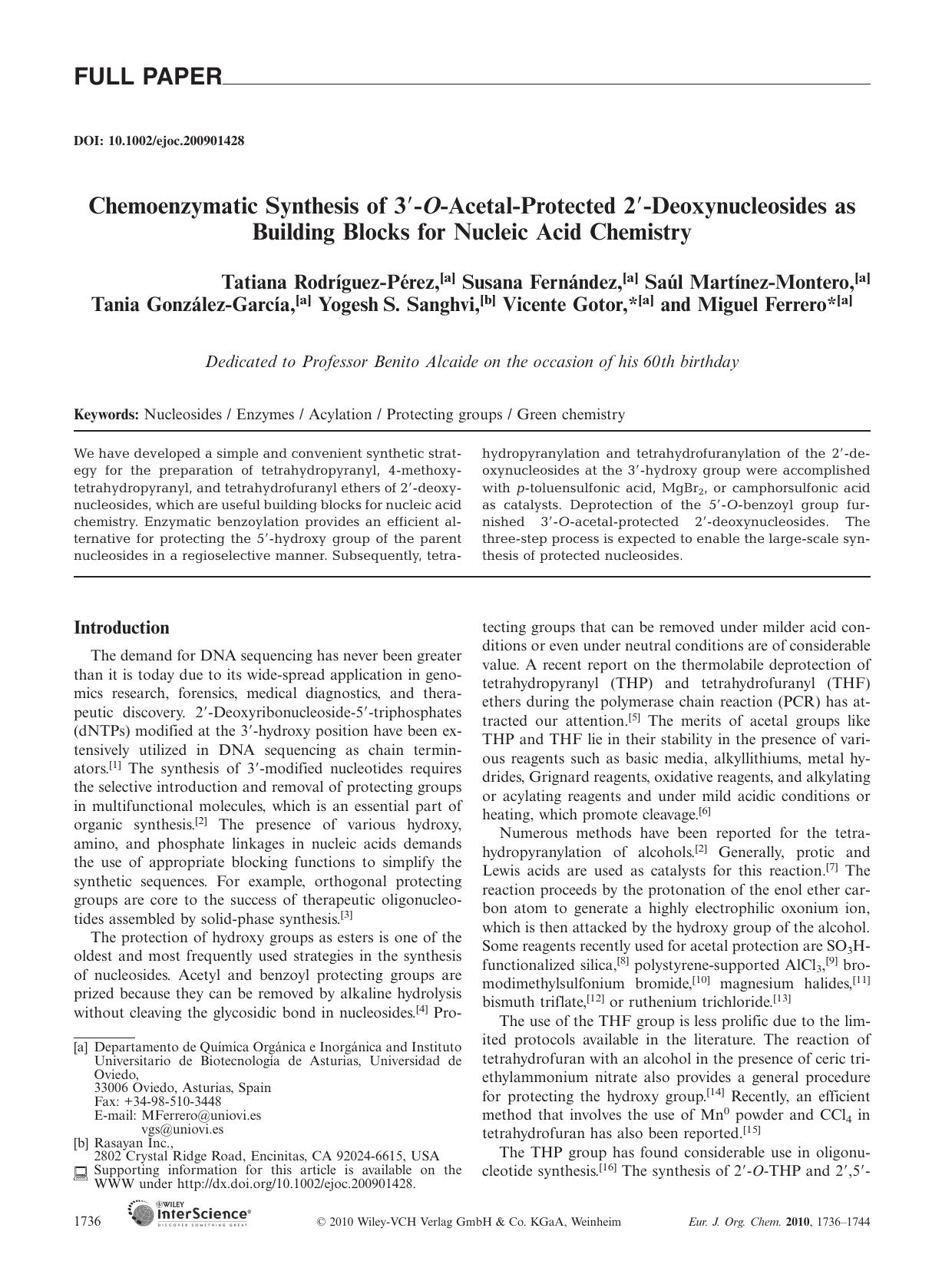 Chemoenzymatic Synthesis of 3[prime]-O-Acetal-Protected 2[prime]-Deoxynucleosides as Building Blocks for Nucleic Acid Chemistry by Unknown