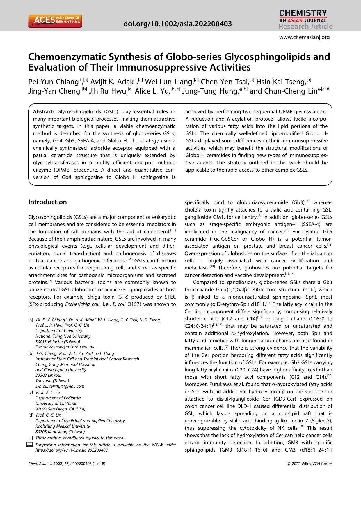 Chemoenzymatic Synthesis of Globoâseries Glycosphingolipids and Evaluation of Their Immunosuppressive Activities by Unknown