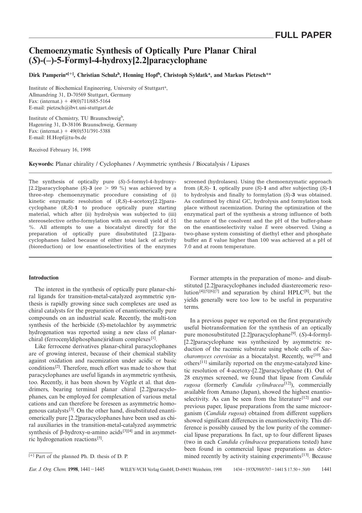 Chemoenzymatic Synthesis of Optically Pure Planar Chiral (S)-(-)-5-Formyl-4-hydroxy[2.2]paracyclophane by Unknown