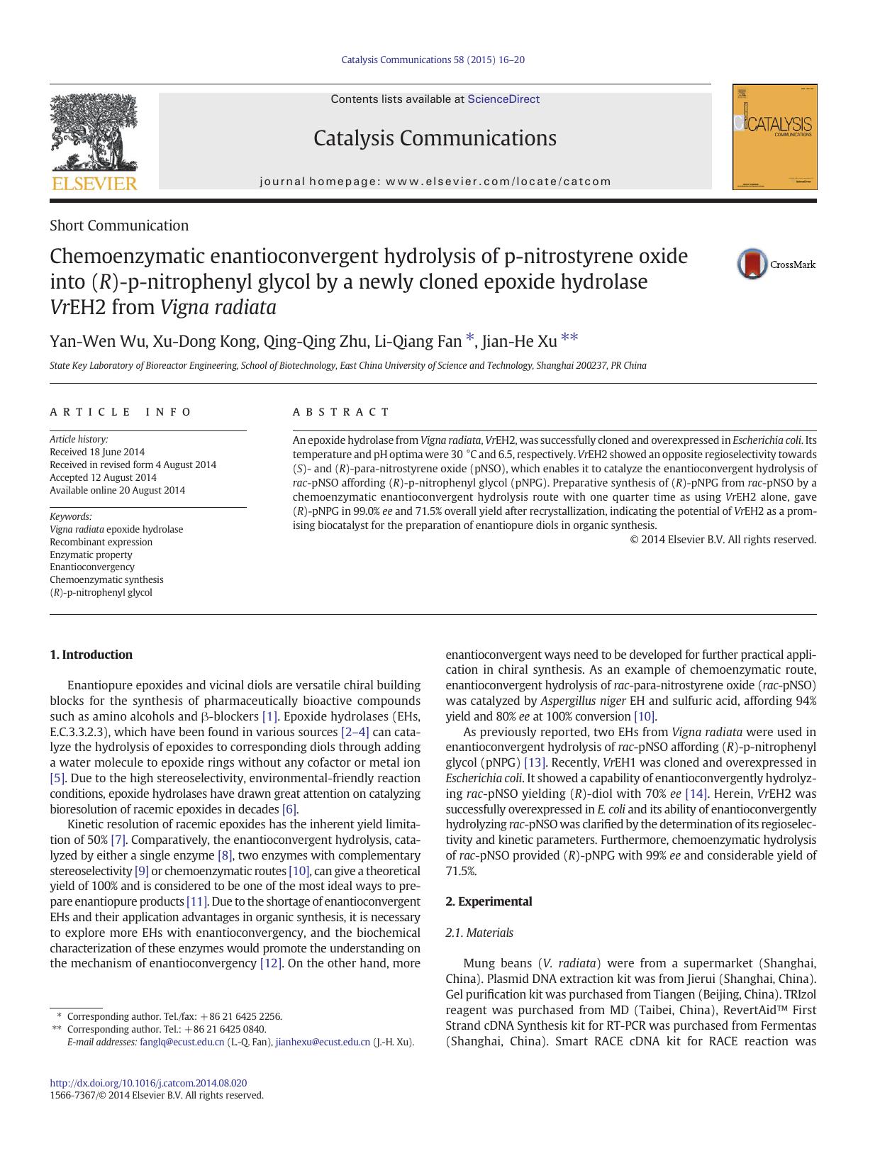 Chemoenzymatic enantioconvergent hydrolysis of p-nitrostyrene oxide into (R)-p-nitrophenyl glycol by a newly cloned epoxide hydrolase VrEH2 from Vigna radiata by Yan-Wen Wu & Xu-Dong Kong & Qing-Qing Zhu & Li-Qiang Fan & Jian-He Xu