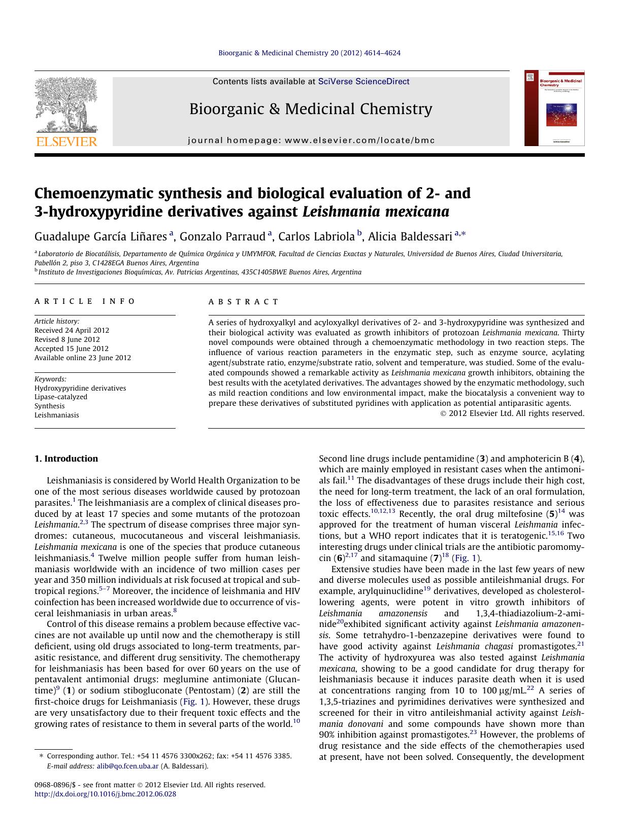Chemoenzymatic synthesis and biological evaluation of 2- and 3-hydroxypyridine derivatives against Leishmania mexicana by Guadalupe GarcÃ­a LiÃ±ares & Gonzalo Parraud & Carlos Labriola & Alicia Baldessari