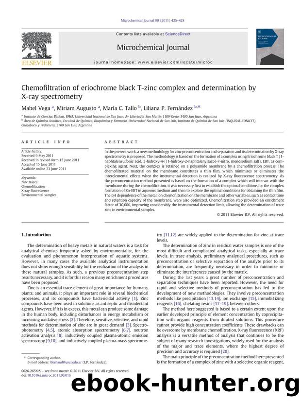 Chemofiltration of eriochrome black T-zinc complex and determination by X-ray spectrometry by Mabel Vega & Miriam Augusto & María C. Talío & Liliana P. Fernández