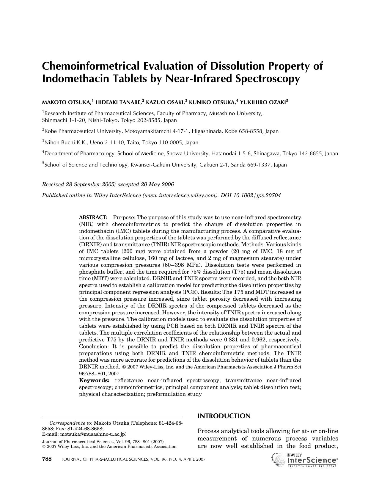 Chemoinformetrical evaluation of dissolution property of indomethacin tablets by near-infrared spectroscopy by Unknown