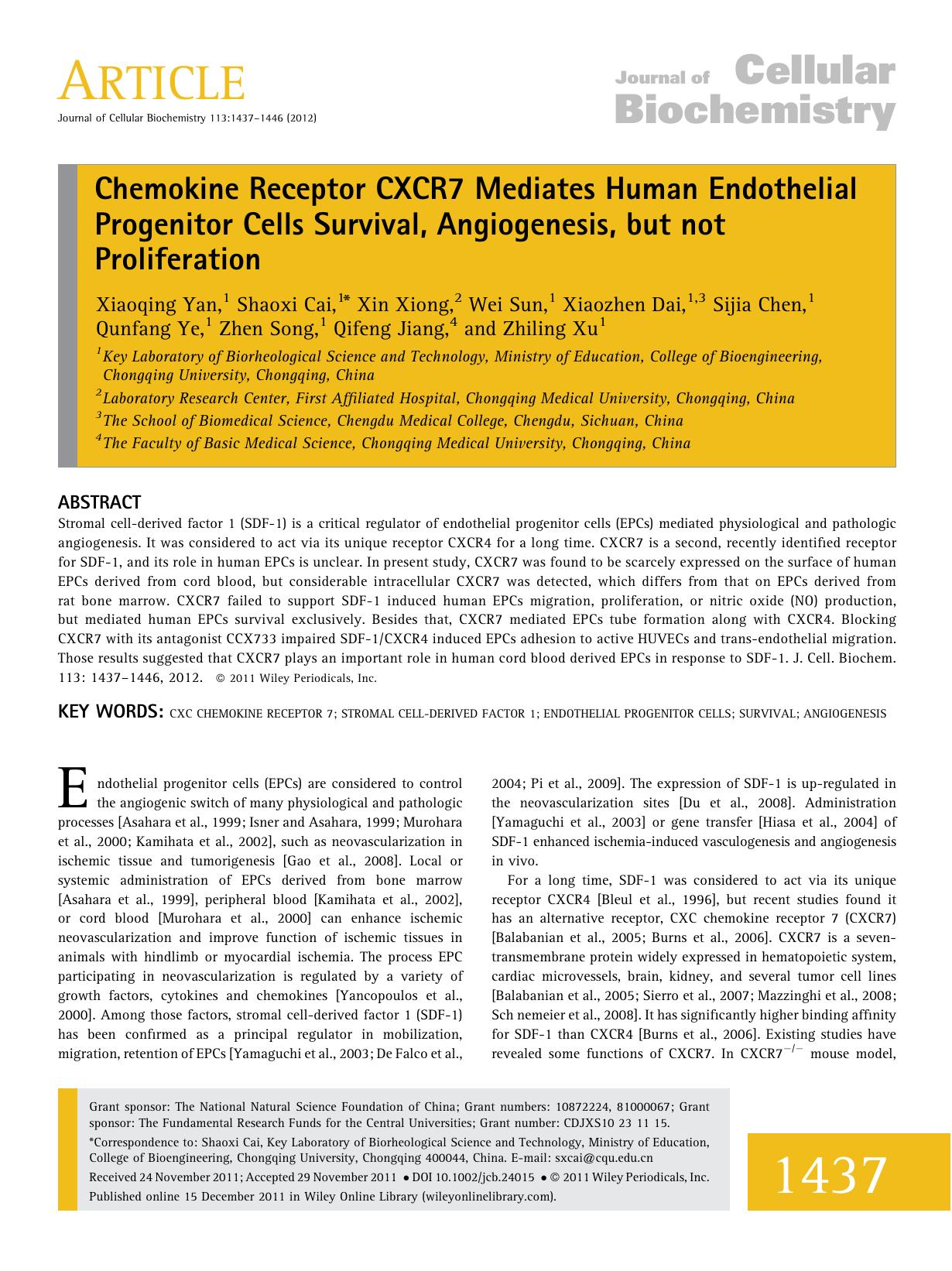 Chemokine receptor CXCR7 mediates human endothelial progenitor cells survival, angiogenesis, but not proliferation by Unknown