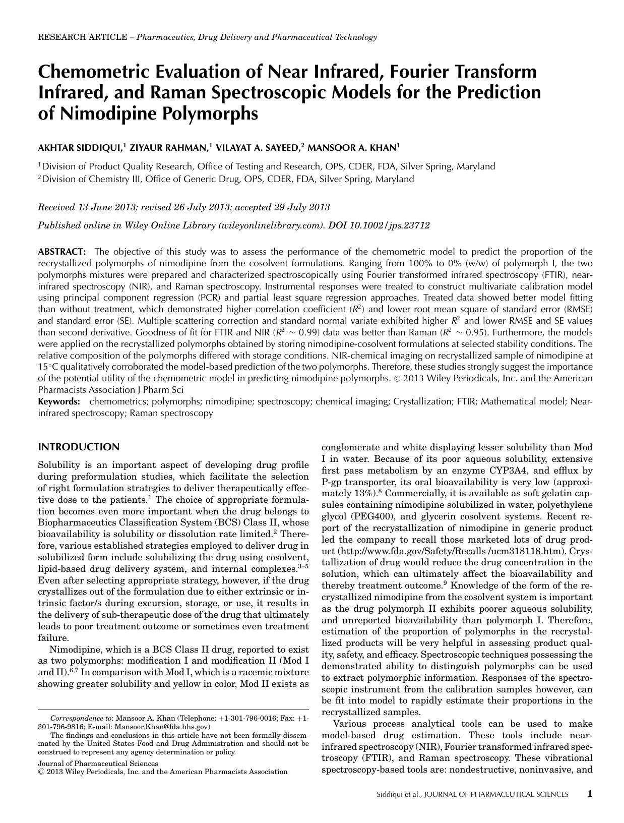 Chemometric Evaluation of Near Infrared, Fourier Transform Infrared, and Raman Spectroscopic Models for the Prediction of Nimodipine Polymorphs by Unknown