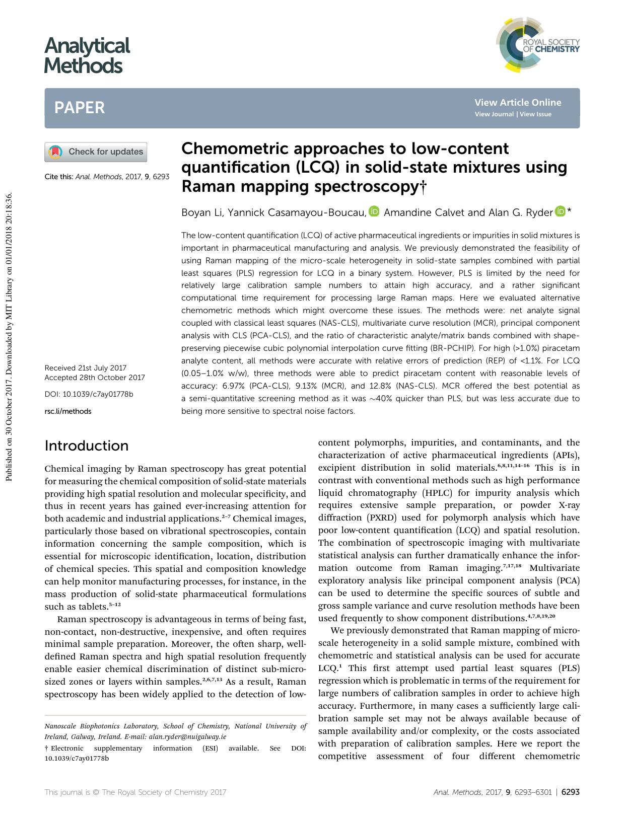Chemometric approaches to low-content quantification (LCQ) in solid-state mixtures using Raman mapping spectroscopy by Boyan Li & Yannick Casamayou-Boucau & Amandine Calvet & Alan G. Ryder