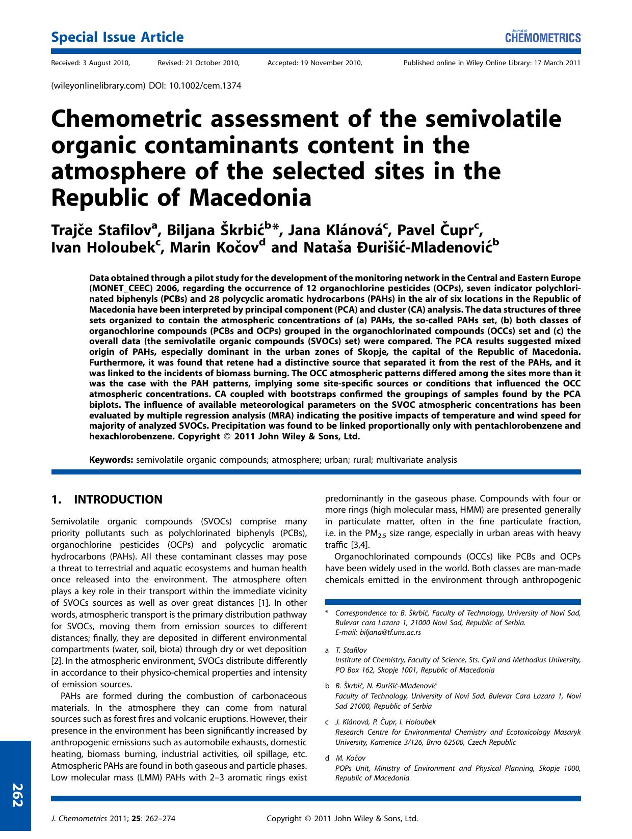 Chemometric assessment of the semivolatile organic contaminants content in the atmosphere of the selected sites in the Republic of Macedonia by Unknown