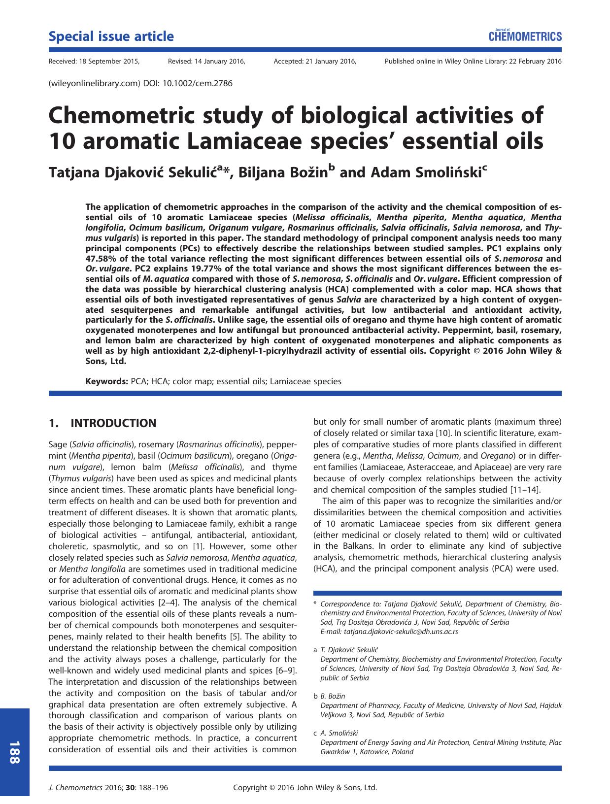 Chemometric study of biological activities of 10 aromatic Lamiaceae species' essential oils by Tatjana Djaković Sekulić Biljana Božin Adam Smoliński
