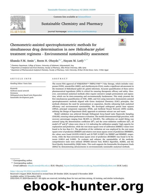 Chemometric-assisted spectrophotometric methods for simultaneous drug determination in new Helicobacter pylori treatment regimens - Environmental sustainability assessment by Khanda F.M. Amin & Reem H. Obaydo & Hayam M. Lotfy