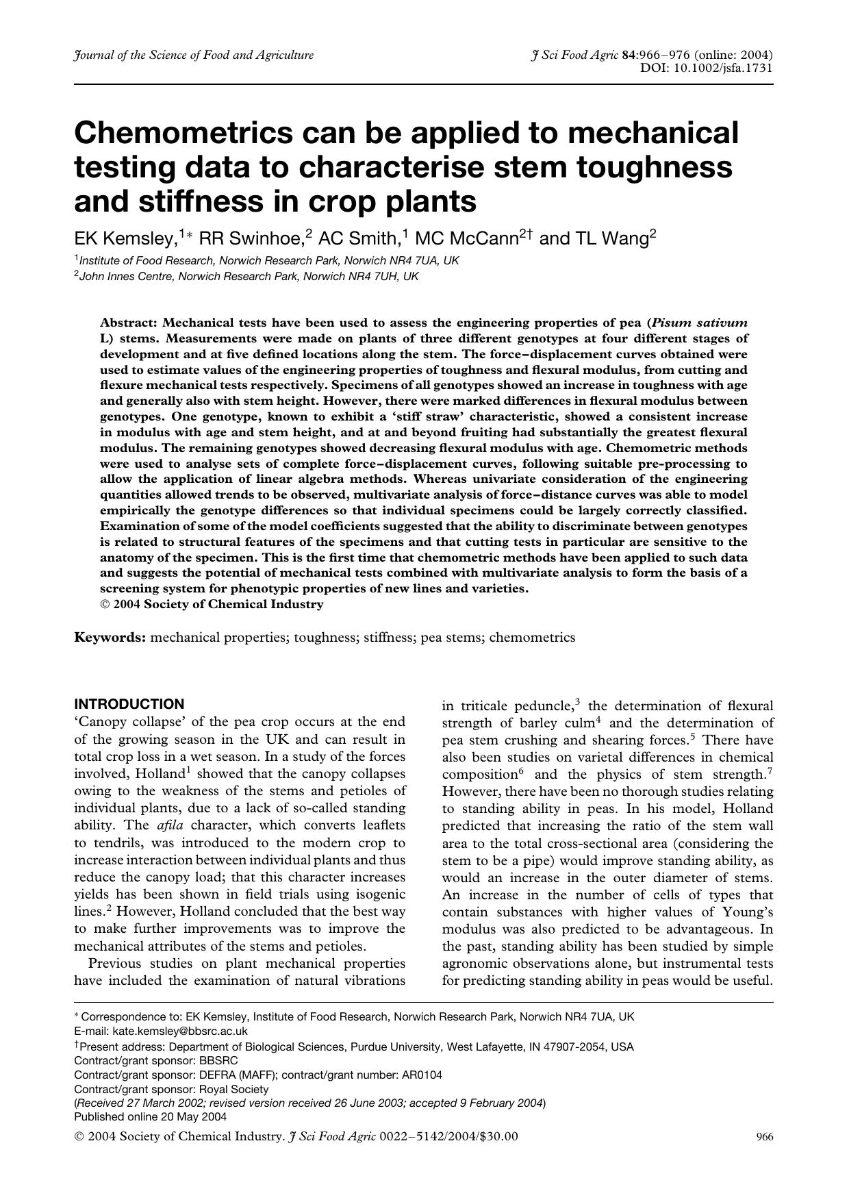 Chemometrics can be applied to mechanical testing data to characterise stem toughness and stiffness in crop plants by Unknown
