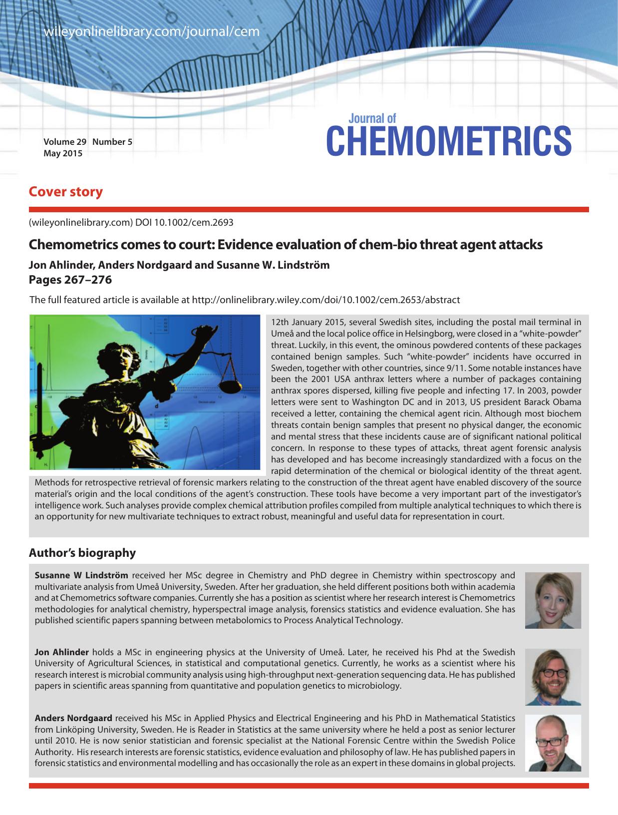 Chemometrics comes to court: Evidence evaluation of chem-bio threat agent attacks by Susanne W & Jon Ahlinder