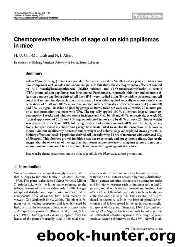 Chemopreventive effects of sage oil on skin papillomas in mice by H.U. Gali-Muhtasib & N.I. Affara