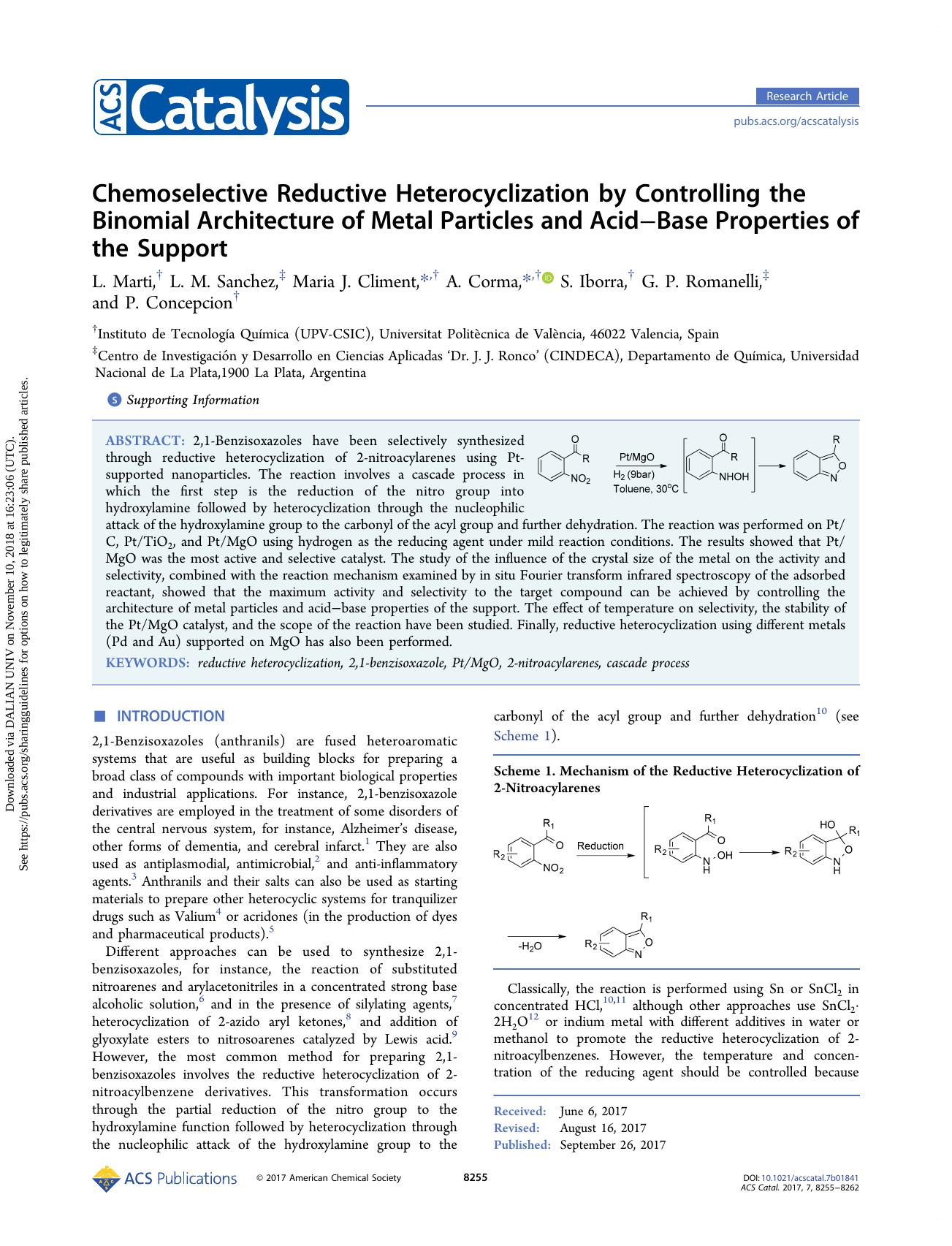 Chemoselective Reductive Heterocyclization by Controlling the Binomial Architecture of Metal Particles and AcidâBase Properties of the Support by L. Marti L. M. Sanchez Maria J. Climent A. Corma S. Iborra G. P. Romanelli & P. Concepcion