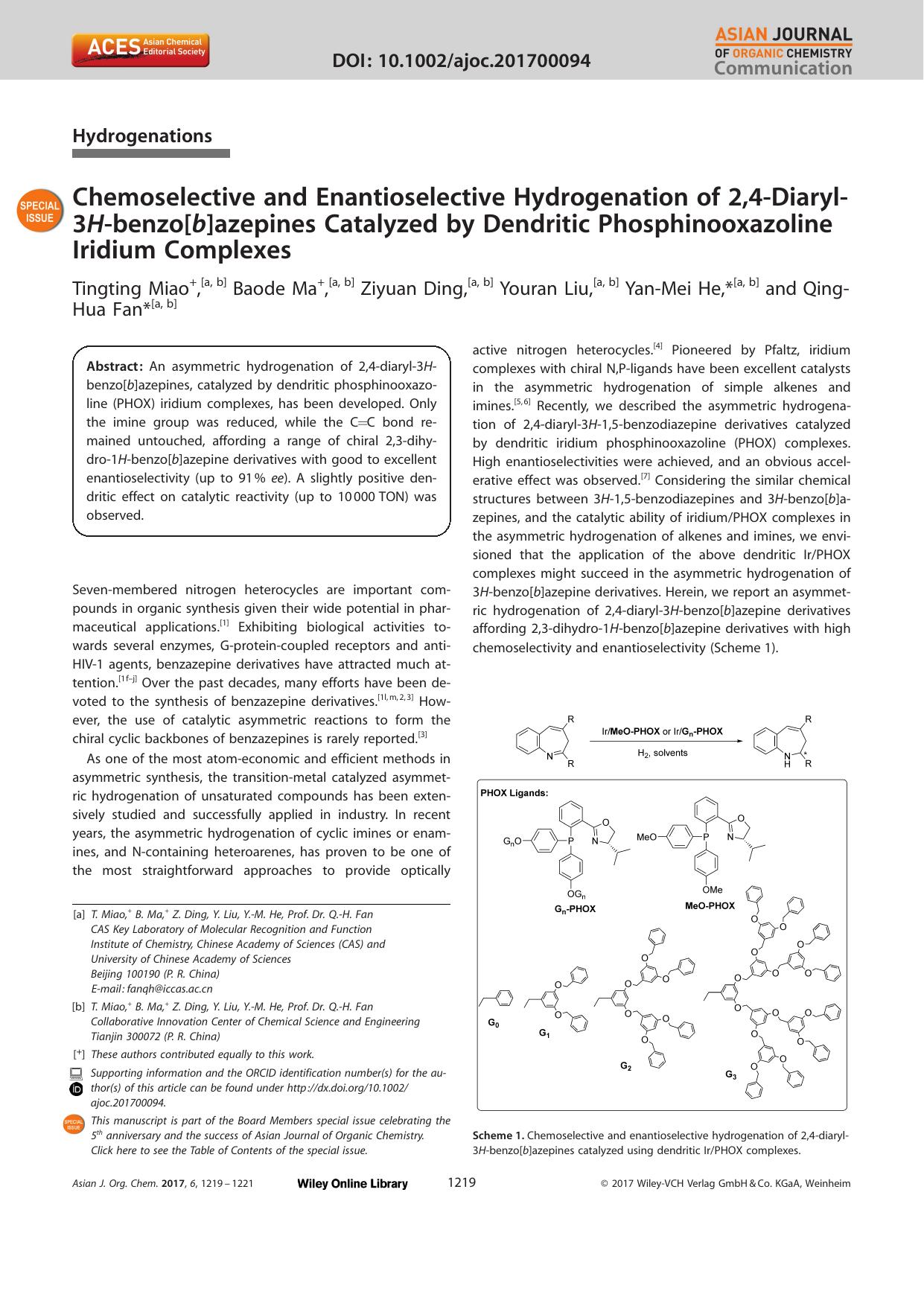 Chemoselective and Enantioselective Hydrogenation of 2,4âDiarylâ3Hâbenzo[b]azepines Catalyzed by Dendritic Phosphinooxazoline Iridium Complexes by Unknown