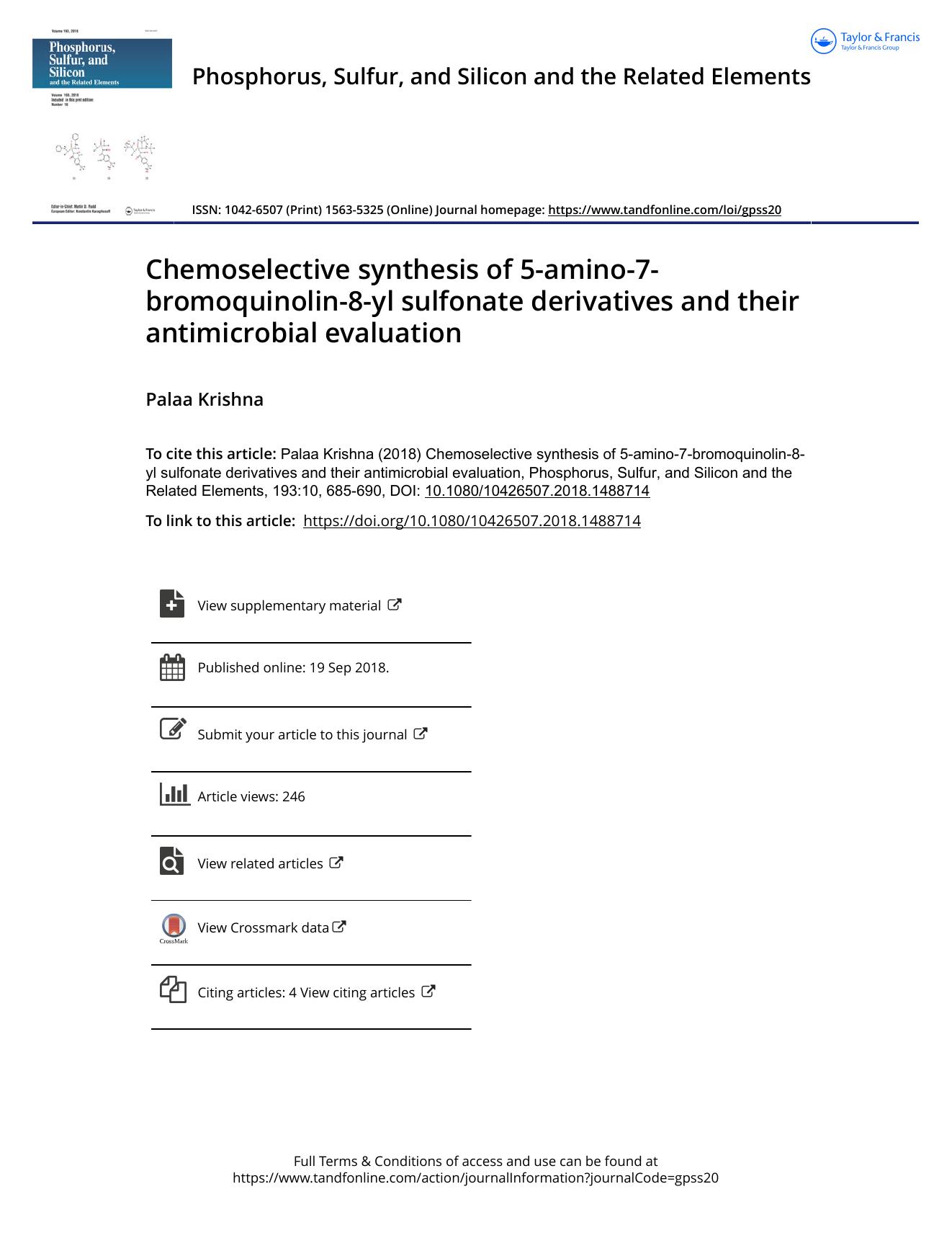 Chemoselective synthesis of 5-amino-7-bromoquinolin-8-yl sulfonate derivatives and their antimicrobial evaluation by Krishna Palaa