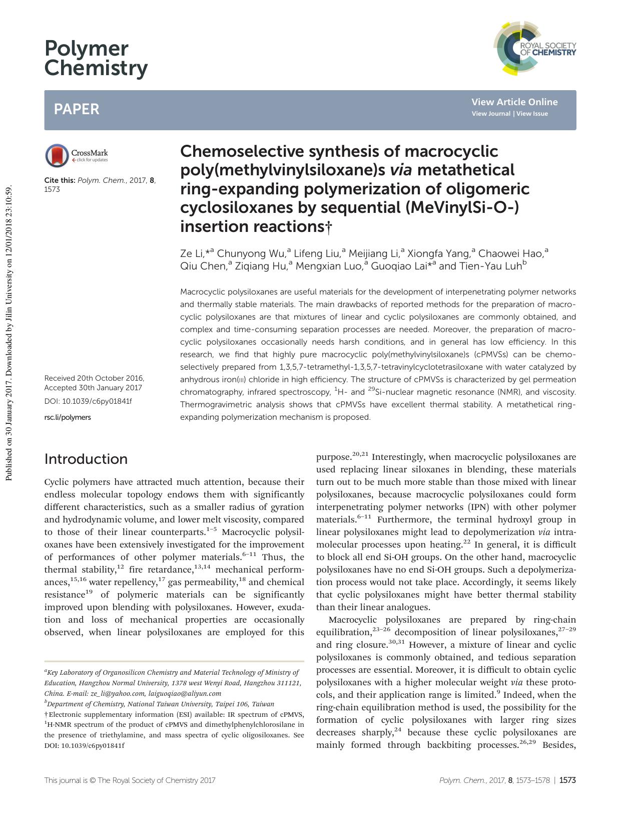 Chemoselective synthesis of macrocyclic poly(methylvinylsiloxane)s via metathetical ring-expanding polymerization of oligomeric cyclosiloxanes by sequential (MeVinylSi-O-) insertion reactions by unknow