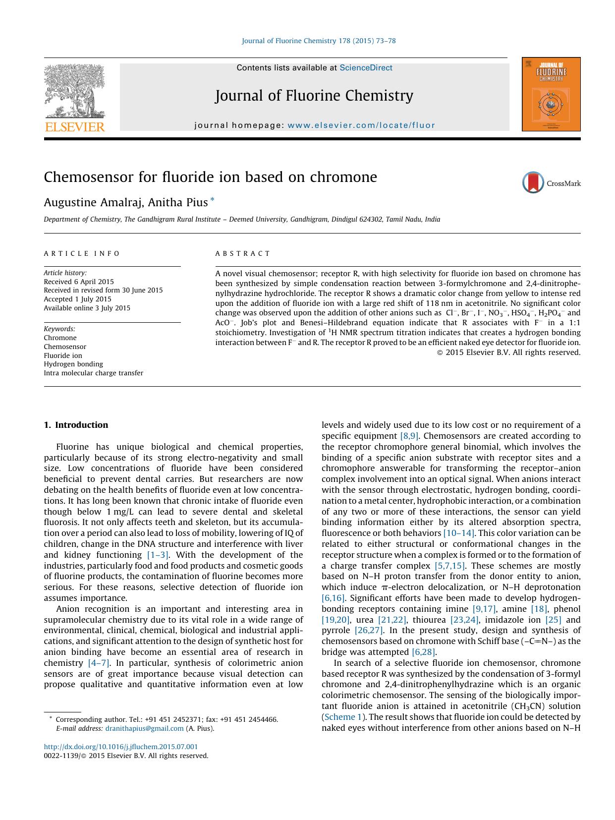 Chemosensor for fluoride ion based on chromone by Augustine Amalraj