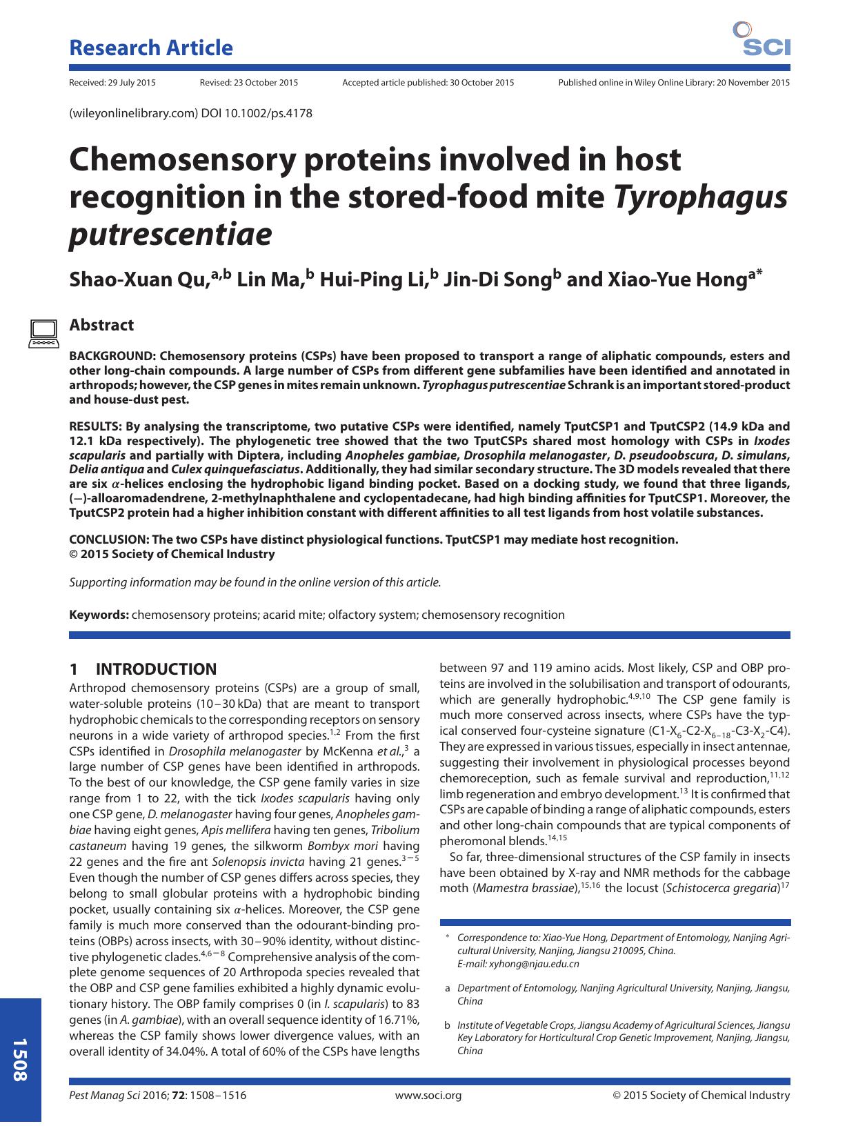 Chemosensory proteins involved in host recognition in the stored-food mite Tyrophagus putrescentiae by Unknown