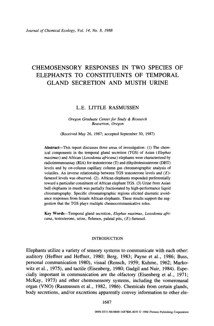 Chemosensory responses in two species of elephants to constituents of temporal gland secretion and musth urine by Unknown