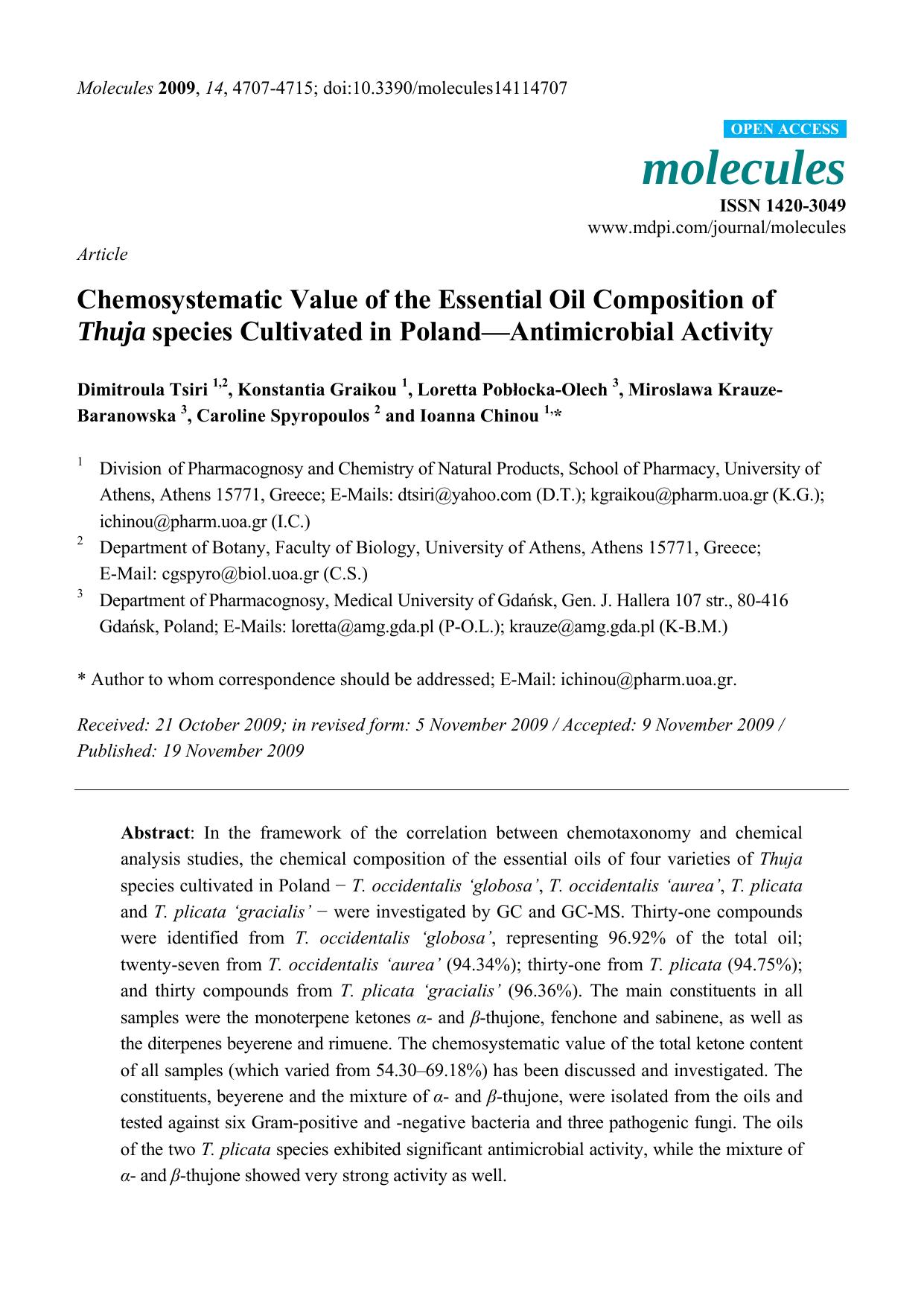 Chemosystematic Value of the Essential Oil Composition of Thuja species Cultivated in PolandâAntimicrobial Activity by unknow