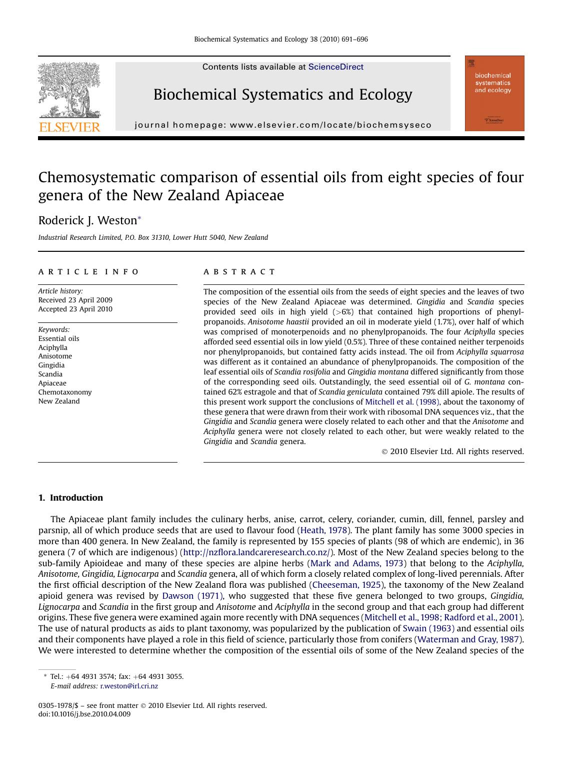 Chemosystematic comparison of essential oils from eight species of four genera of the New Zealand Apiaceae by Roderick J. Weston