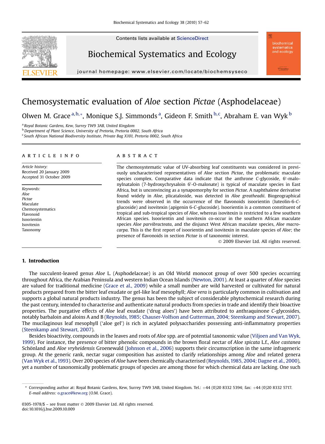 Chemosystematic evaluation of Aloe section Pictae (Asphodelaceae) by Olwen M. Grace; Monique S.J. Simmonds; Gideon F. Smith; Abraham E. van Wyk