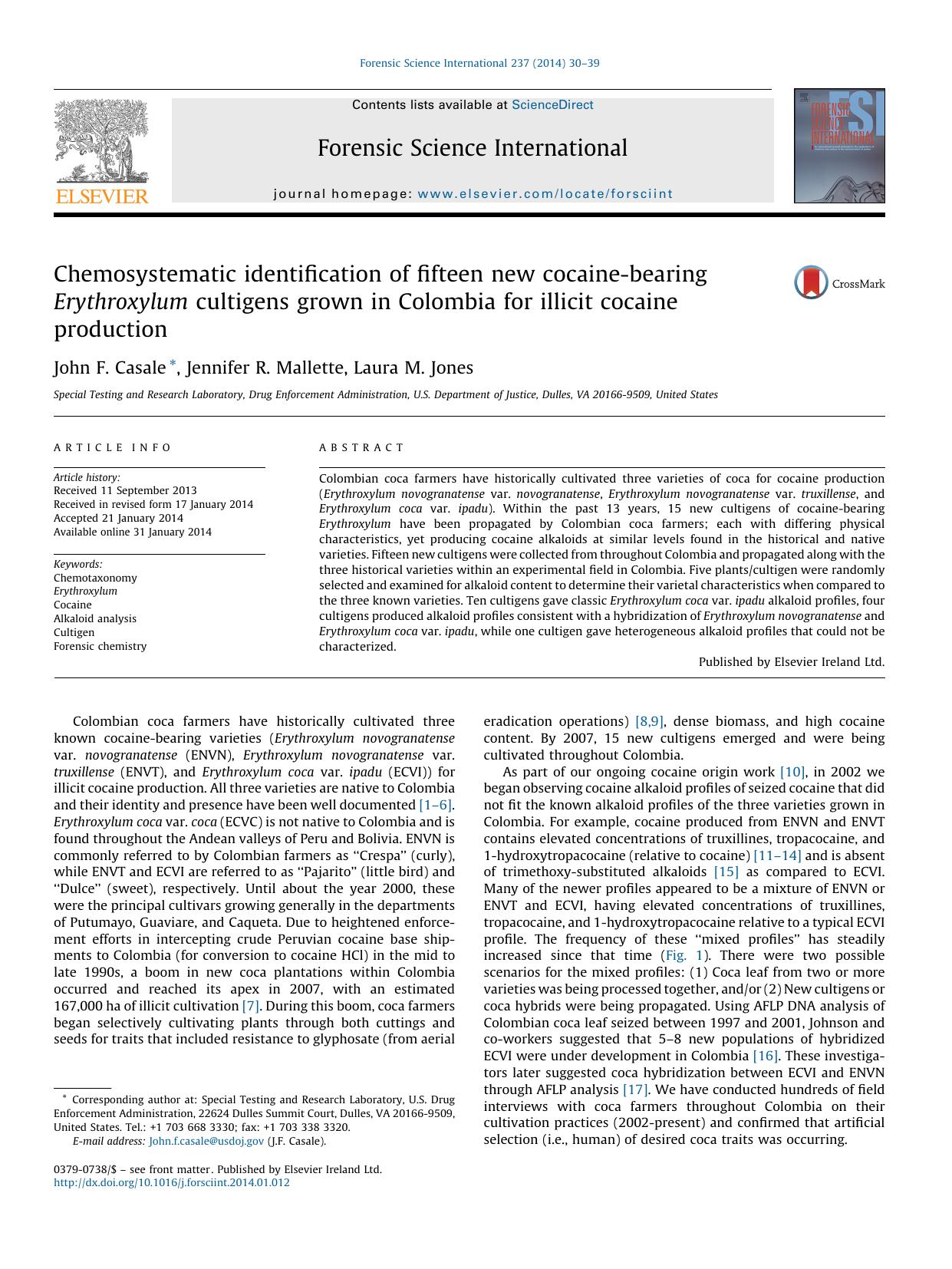 Chemosystematic identification of fifteen new cocaine-bearing Erythroxylum cultigens grown in Colombia for illicit cocaine production by John F. Casale & Jennifer R. Mallette & Laura M. Jones