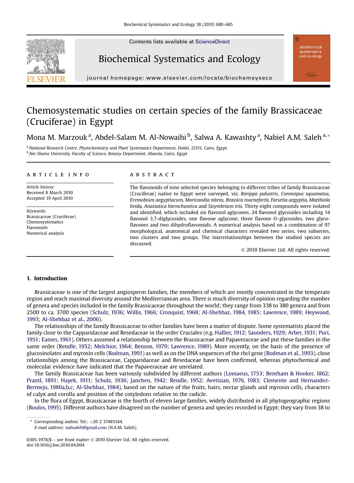 Chemosystematic studies on certain species of the family Brassicaceae (Cruciferae) in Egypt by Mona M. Marzouk & Abdel-Salam M. Al-Nowaihi & Salwa A. Kawashty & Nabiel A.M. Saleh