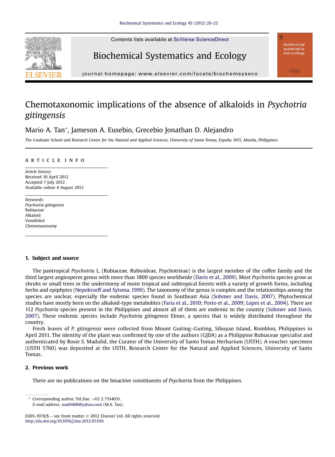 Chemotaxonomic implications of the absence of alkaloids in Psychotria gitingensis by Mario A. Tan & Jameson A. Eusebio & Grecebio Jonathan D. Alejandro