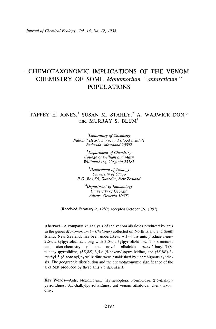 Chemotaxonomic implications of the venom chemistry of some <Emphasis Type="Italic">Monomorium &#x201C;antarcticum&#x201D; <Emphasis> populations by Unknown