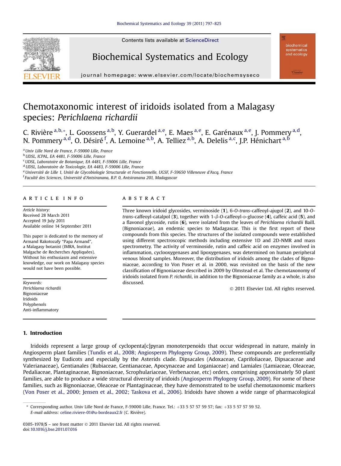 Chemotaxonomic interest of iridoids isolated from a Malagasy species: Perichlaena richardii by unknow
