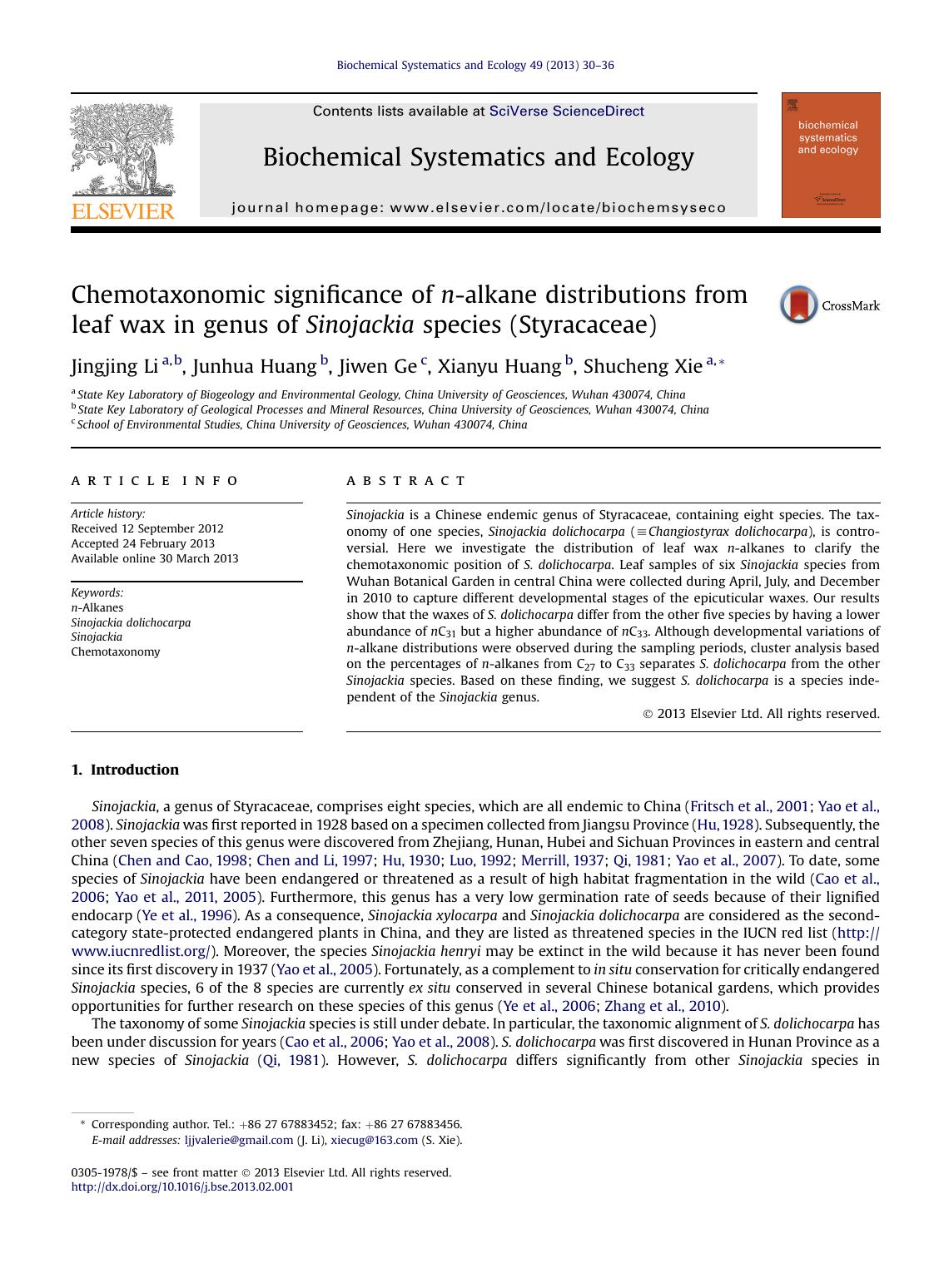 Chemotaxonomic significance of n-alkane distributions from leaf wax in genus of Sinojackia species (Styracaceae) by Jingjing Li & Junhua Huang & Jiwen Ge & Xianyu Huang & Shucheng Xie