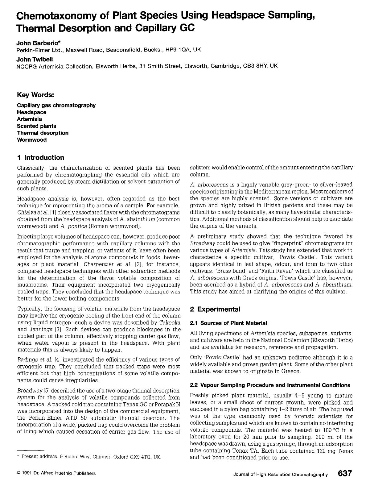 Chemotaxonomy of plant species using headspace sampling, thermal desorption and capillary GC by Unknown