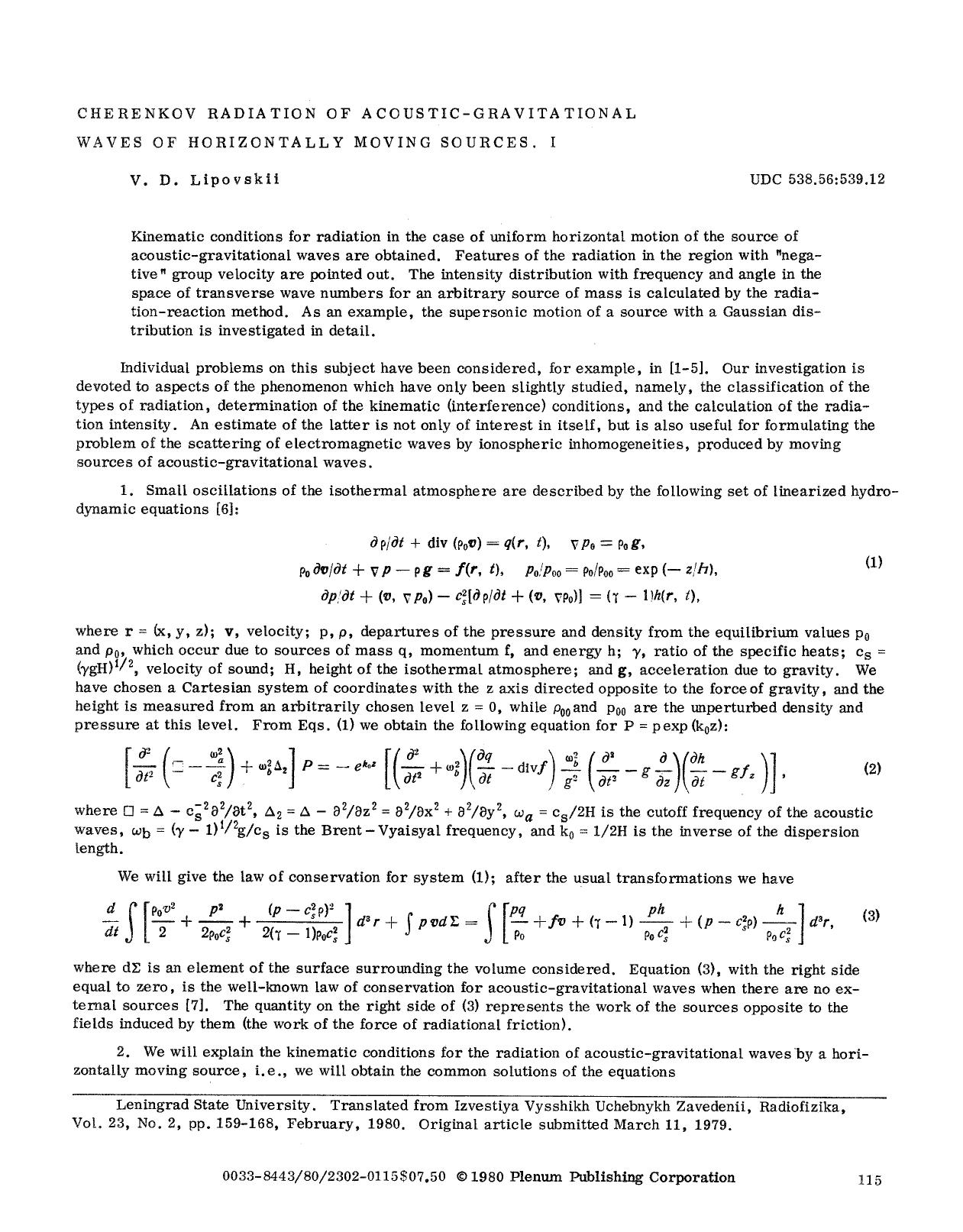 Cherenkov radiation of acoustic-gravitational waves of horizontally moving sources. I by Unknown