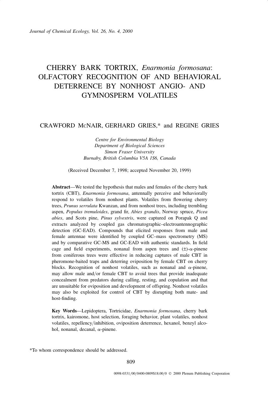 Cherry Bark Tortrix, Enarmonia formosana: Olfactory Recognition of and Behavioral Deterrence by Nonhost Angio- and Gymnosperm Volatiles by Unknown
