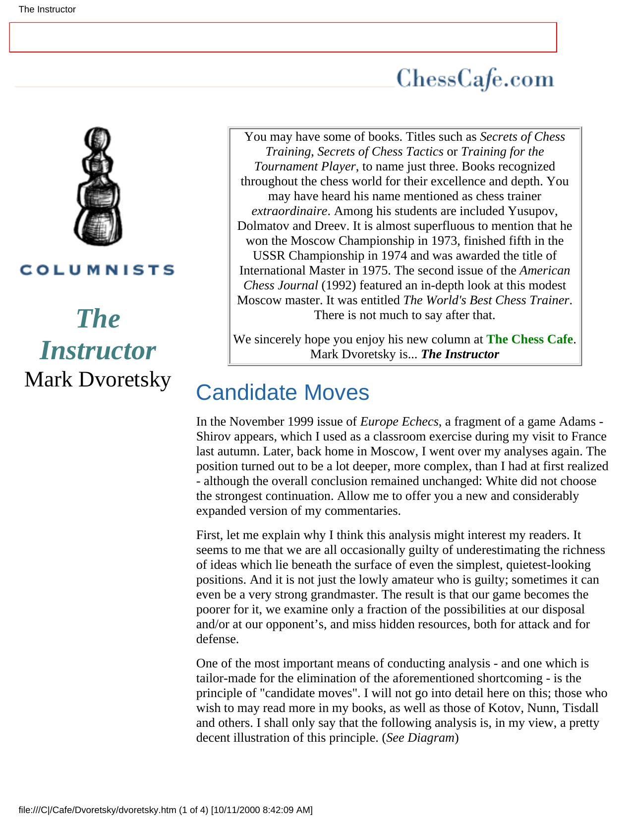 Chess Cafe. The Instructor by Mark Dvoretsky