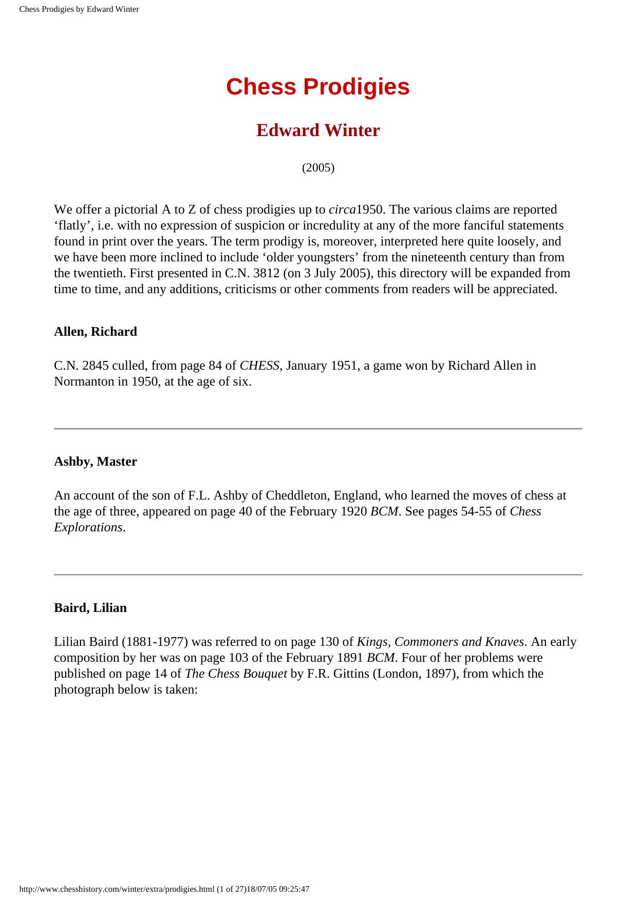 Chess Prodigies by Edward Winter by Chess Prodigies