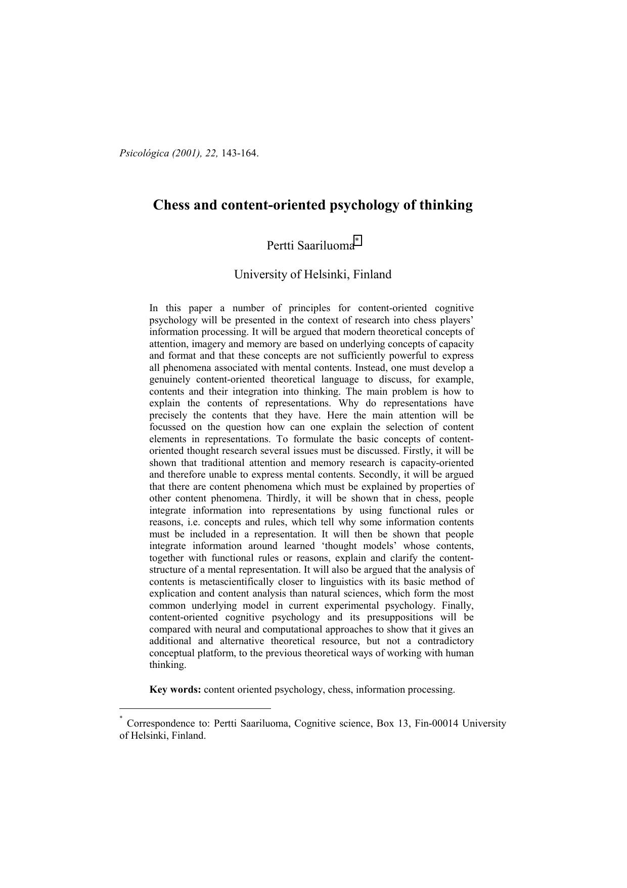 Chess and Content Oriented Psychology of Thinking [Pertti Saariluoma, 2001] by Unknown