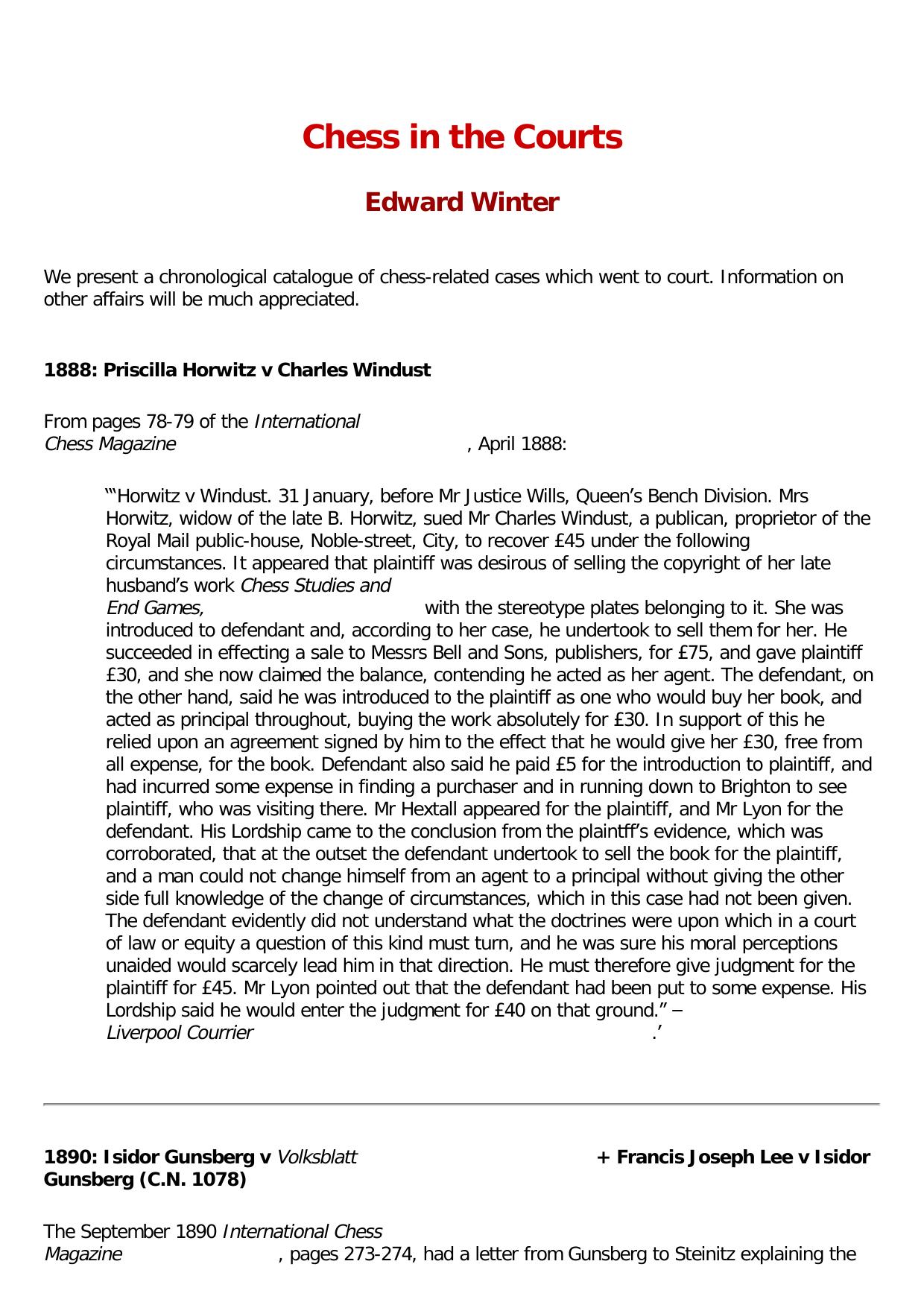 Chess in the Courts by Edward Winter