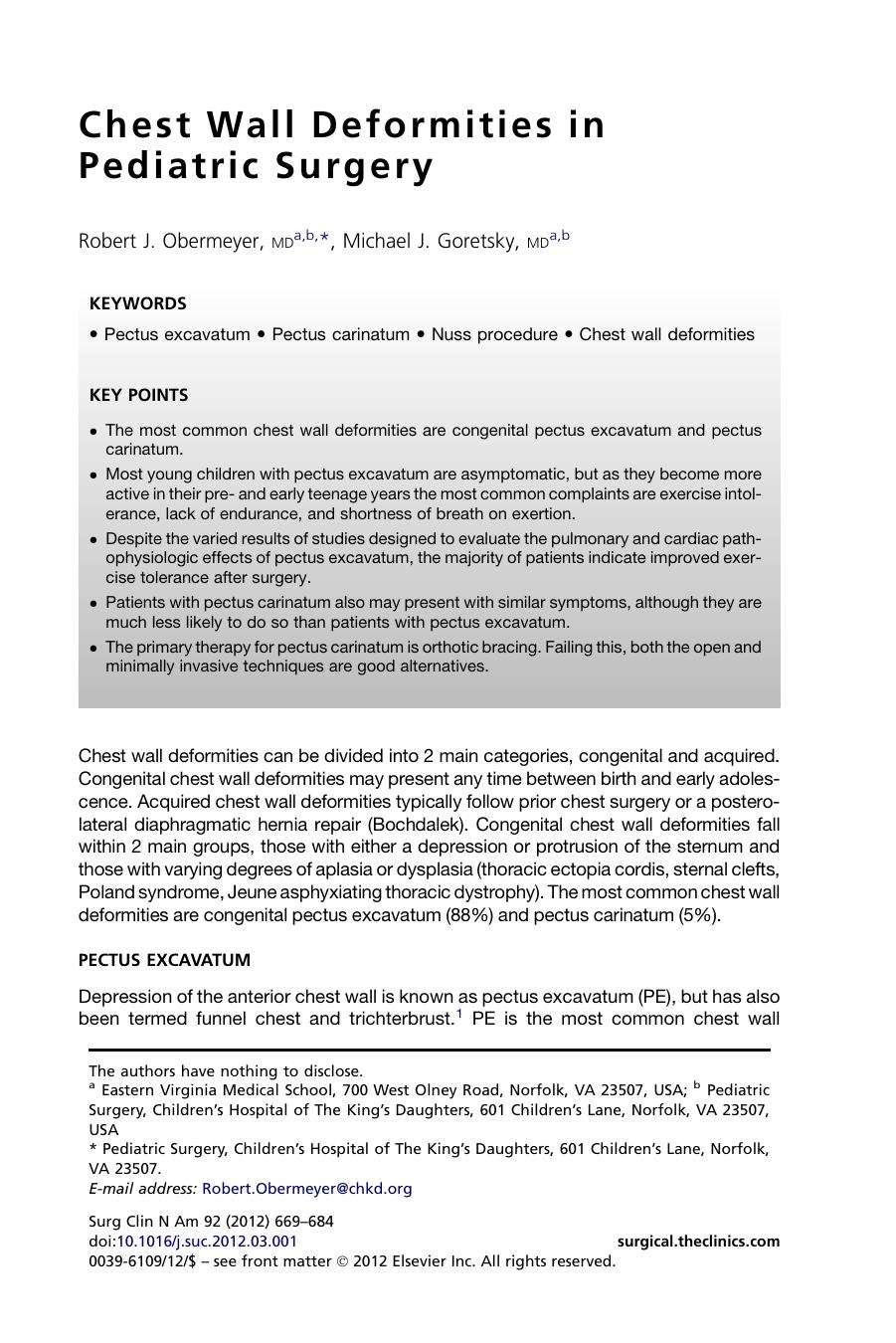 Chest Wall Deformities in Pediatric Surgery by Robert J. Obermeyer MD & Michael J. Goretsky MD