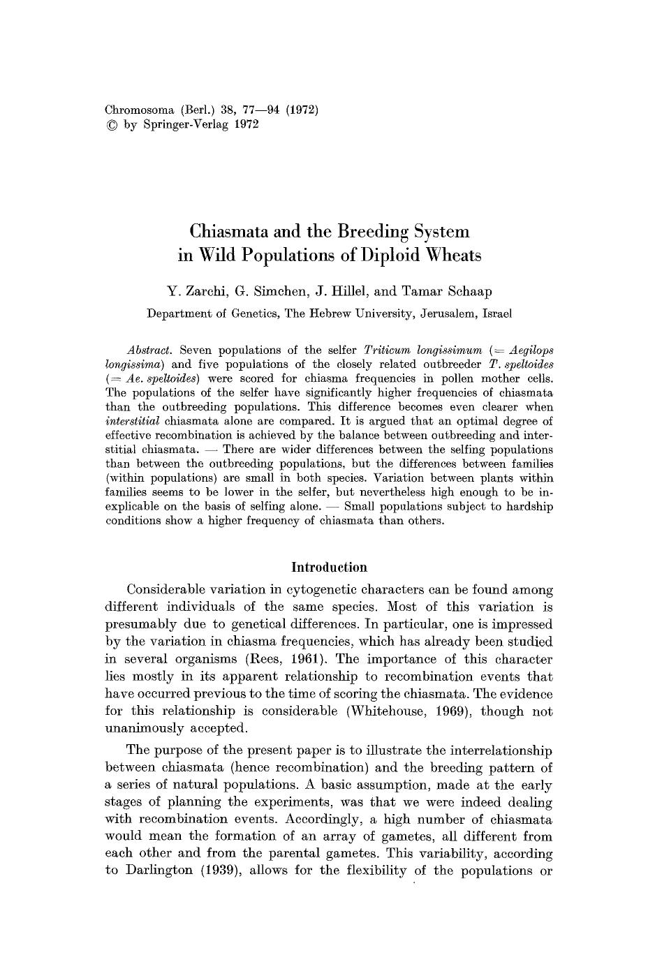 Chiasmata and the breeding system in wild populations of diploid wheats by Unknown
