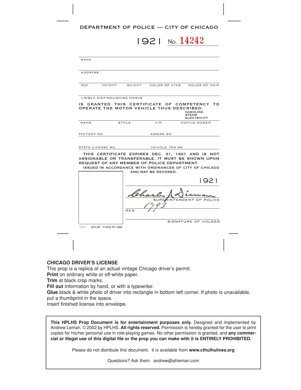 Chicago Driver License (Page 1) by Unknown