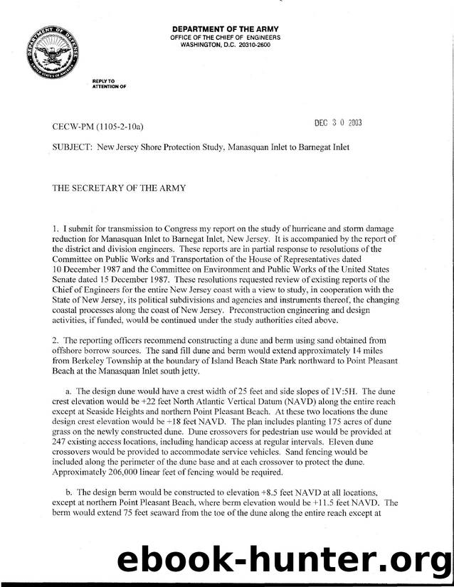 Chief's Report - New Jersey Shore Protection Study, Manasquan Inlet to Barnegat Inlet by Unknown