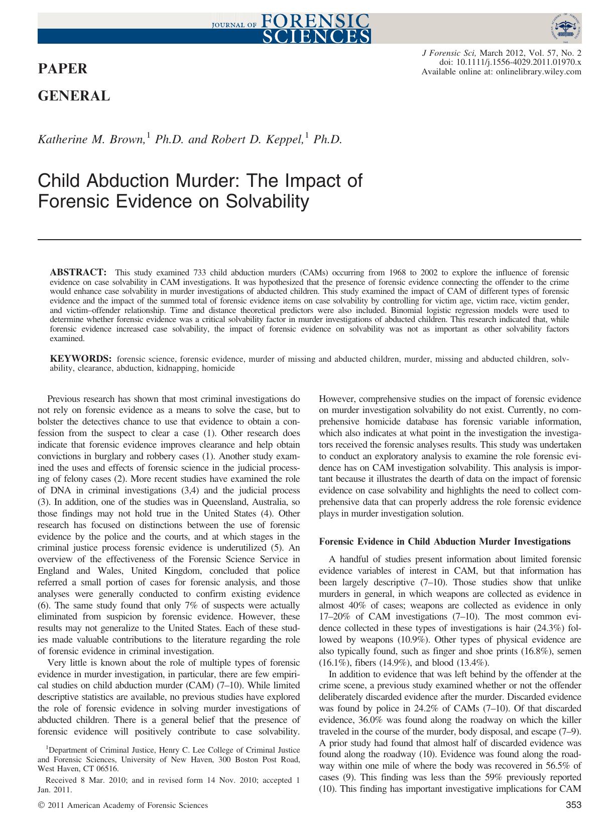 Child Abduction Murder: The Impact of Forensic Evidence on Solvability by Unknown