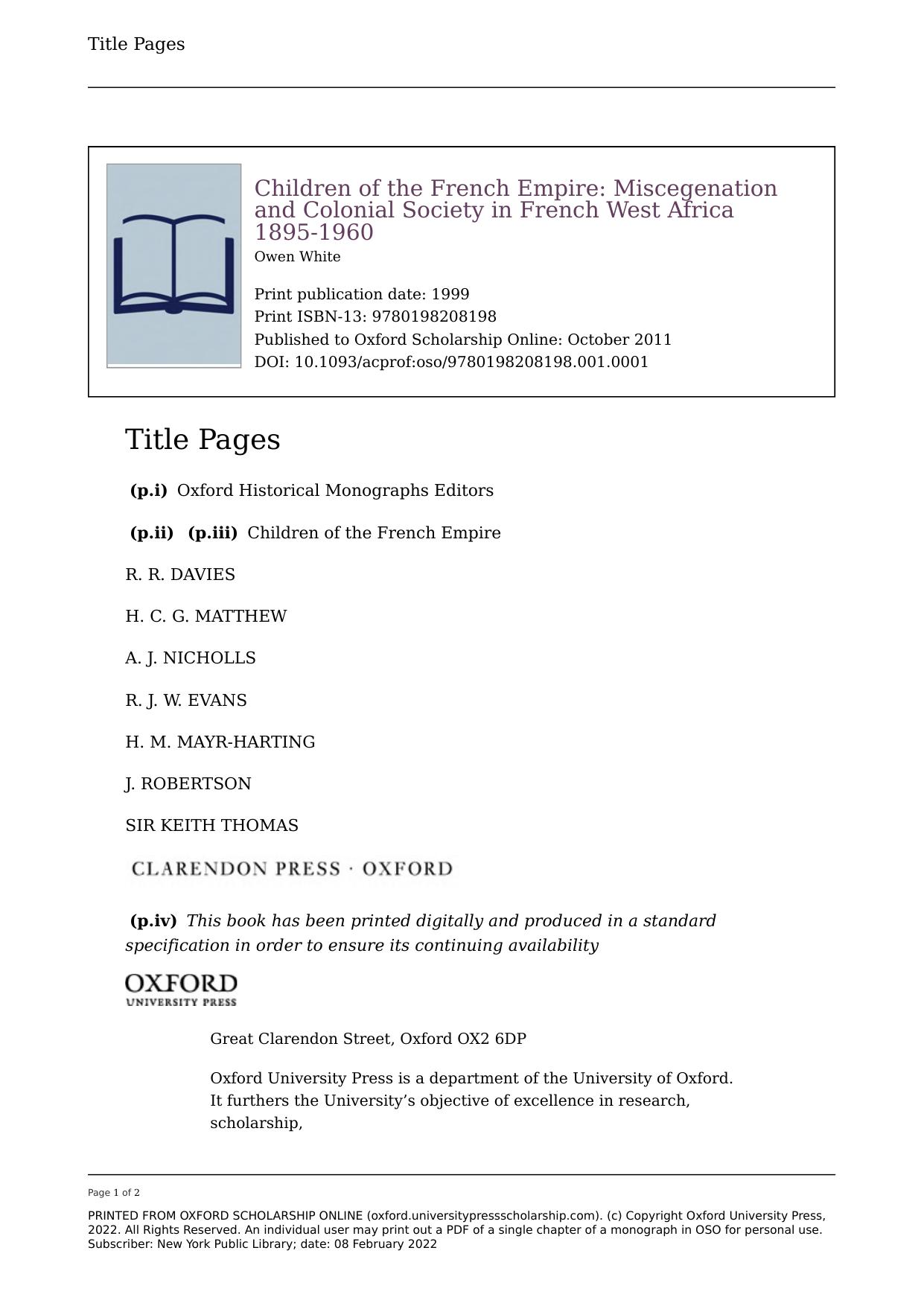 Children of the French Empire: Miscegenation and Colonial Society in French West Africa 1895-1960 by Owen White