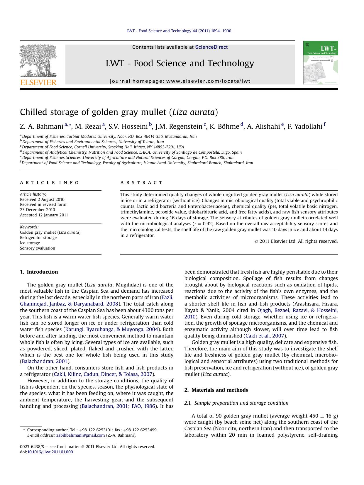 Chilled storage of golden gray mullet (Liza aurata) by Z.-A. Bahmani & M. Rezai & S.V. Hosseini & J.M. Regenstein & K. Böhme & A. Alishahi & F. Yadollahi