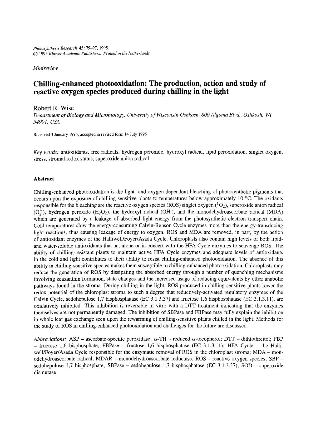 Chilling-enhanced photooxidation: The production, action and study of reactive oxygen species produced during chilling in the light by Unknown