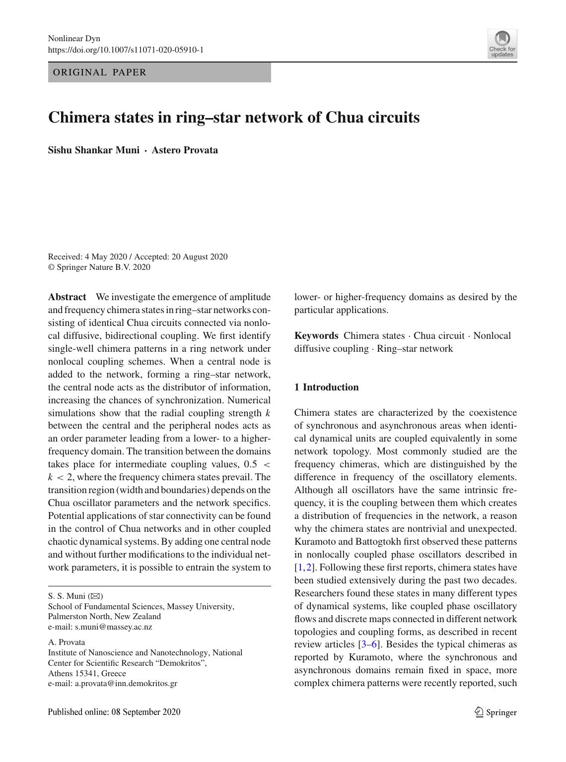 Chimera states in ringâstar network of Chua circuits by Sishu Shankar Muni & Astero Provata