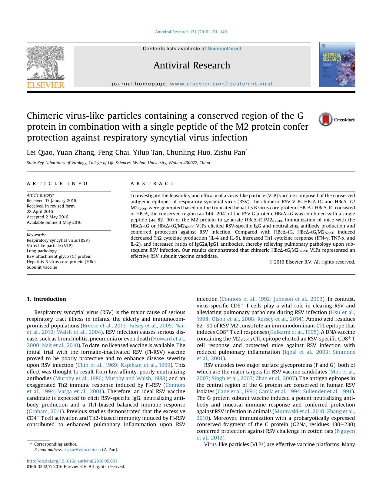 Chimeric virus-like particles containing a conserved region of the G protein in combination with a single peptide of the M2 protein confer protection against respiratory syncytial virus infection by Lei Qiao & Yuan Zhang & Feng Chai & Yiluo Tan & Chunling Huo & Zishu Pan