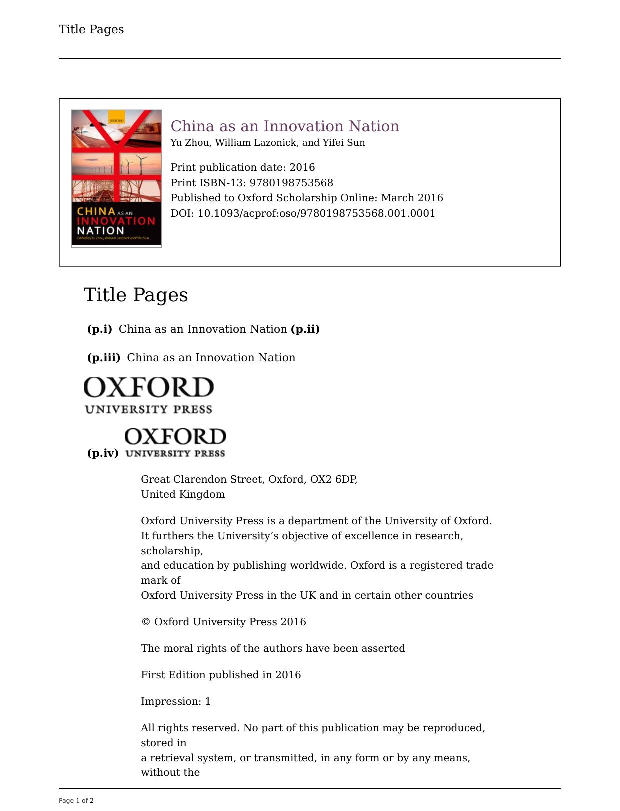 China As an Innovation Nation by Yu Zhou William Lazonick Yifei Sun